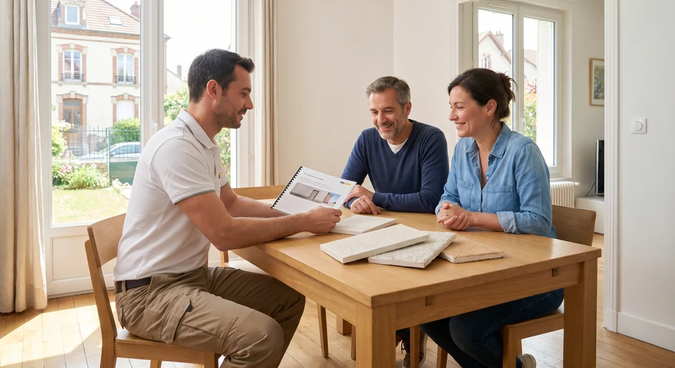 Photographie réaliste d'un professionnel du ravalement de façade en tenue de travail, présentant à un couple de clients dans leur maison un devis imprimé et des échantillons physiques de crépis de finition Sto. La scène se déroule dans un intérieur résidentiel lumineux, avec une fenêtre de maison visible en arrière-plan. L'artisan sourit légèrement, écoutant attentivement le client, transmettant une relation de confiance mutuelle et de professionnalisme.